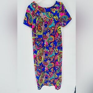 Vibrant Paisley Floral Dress Print 1960s Vintage M-L